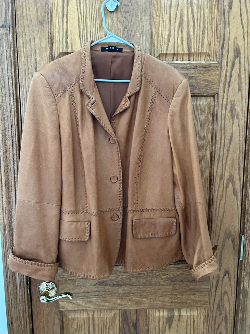 Ellen Tracy Light Brown Leather Button-Front Blazer